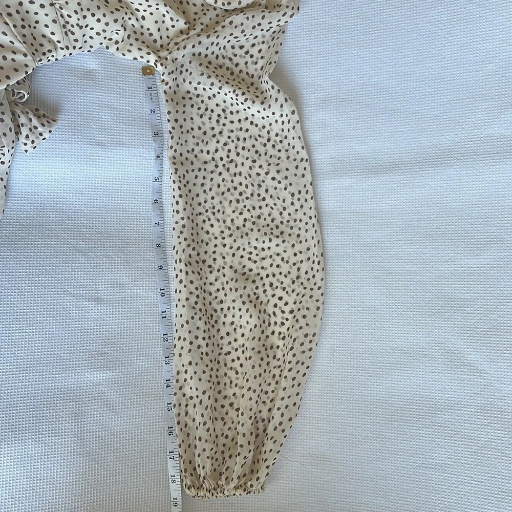 Japna Long Sleeve V-neck Polka Dot Frilly Tan &Brown Dress Size XS Tie back